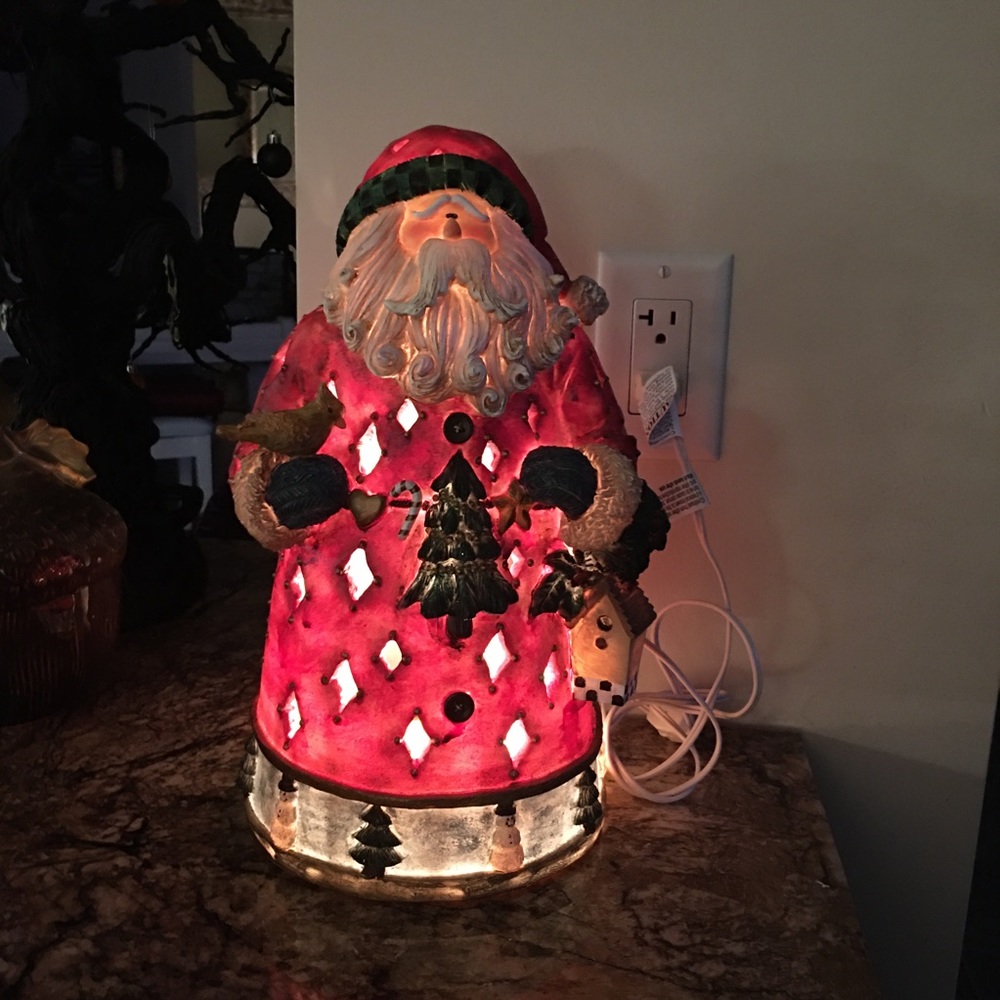 Santa With Cardinal & Bird House Light Holder Red Green Christmas